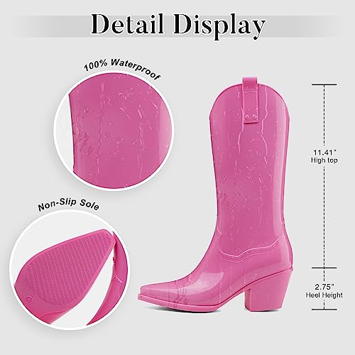 TINSTREE RAIN BOOTS FOR WOMEN TALL KNEE HIGH COWGIRL BOOTIES CHUNKY RAIN BOOTS SLIP ON RAINBOOTS GARDEN RAIN SHOES FOR YARD FARM OUTDOOR WORK PINK,11