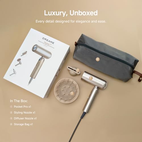 DREAME Pocket Pro Hair Dryer, Dual Voltage Travel Blow Dryer with Diffuser, 1300W Professional HighSpeed Ionic Hair Blower, Fast Drying, Low Noise, Lightweight, No Heat Damage, Global Travel 120V/240V