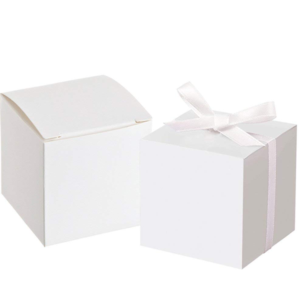 50pcs White Favor Box With 50 Ribbon For Wedding Favor Party Decor 2 inch Square Candy Gift Boxes