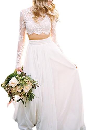 Datangep Women's Jewel Sheer Lace Bodice Two Piece Chiffon Beach Wedding Dress for Bride White US2