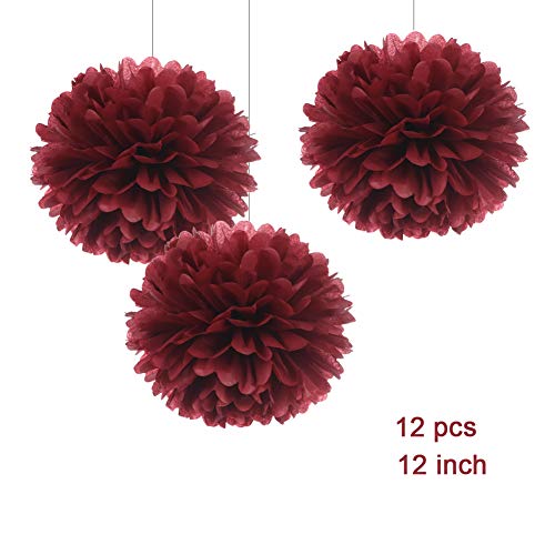 WEVEN 12" Burgundy Tissue Pom Poms DIY Hanging Paper Flower Balls for