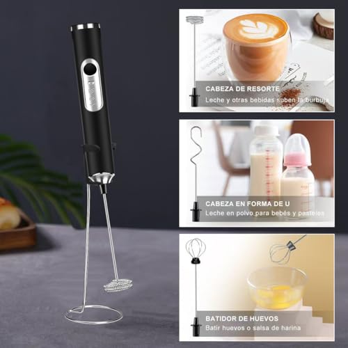MXCOCO Agitador de Leche 6 en 1 con Base de Soporte, Espumador de Leche Eléctrico, 3 Cabezales de Acero Inoxidable y 3 Velocidades, Batidora de Mano Ideal para Capuchino, Batidos, Huevos y Harina