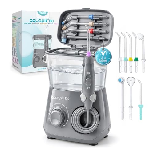 Aquapik® 100 Munddusche 600 ml 10 Stufen 8 Aufsätze Water Flosser Grau.