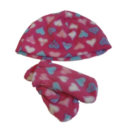Faded Glory Infant & Toddler Girls Pink Hearts Fleece Beanie & Mittens Hat Set