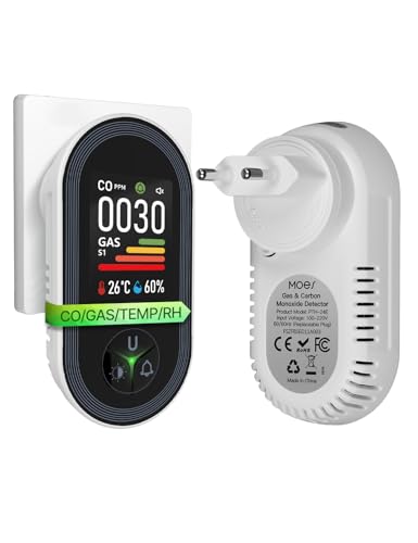 MOES Carbon Monoxide and Gas Detector with Plug, 4-in-1 CO Detector with Temperature & Humidity Sensor, with Audible Alarm for LPG, Propane, Methane, Ethane & CO - Suitable for Home & Motorhome