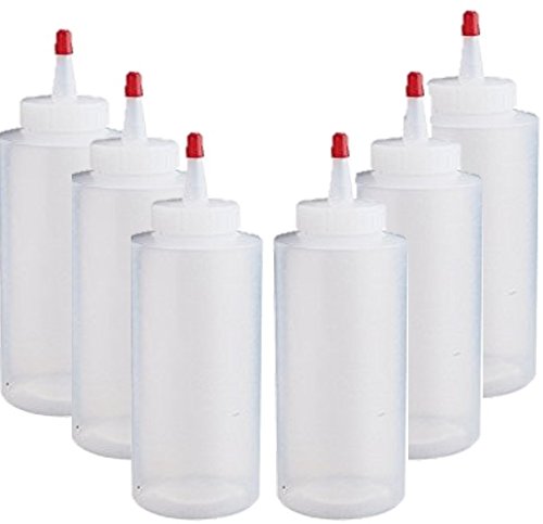 Mini Squeeze Dispensing Decorating Bottles with Red Tip Caps, 6 count - Empty Refillable Bottles for Kitchen Arts & Crafts.