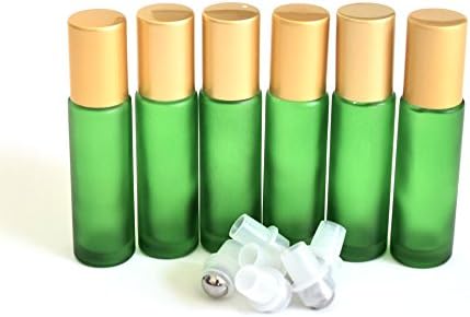10mL Glass Frosted Green Glass Roller Bottles for Essential Oils, leak proof, glass roller bottles with steel roller and matte gold lid. Pack of 6.