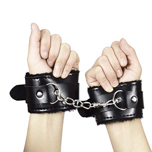 Leather Handcuffs Set, Adjustable Handcuff + Eye Mask Strong and Durable PU Leather Soft Fur Cuffs Multifunctional Bangle, Black - Thumbnail 3