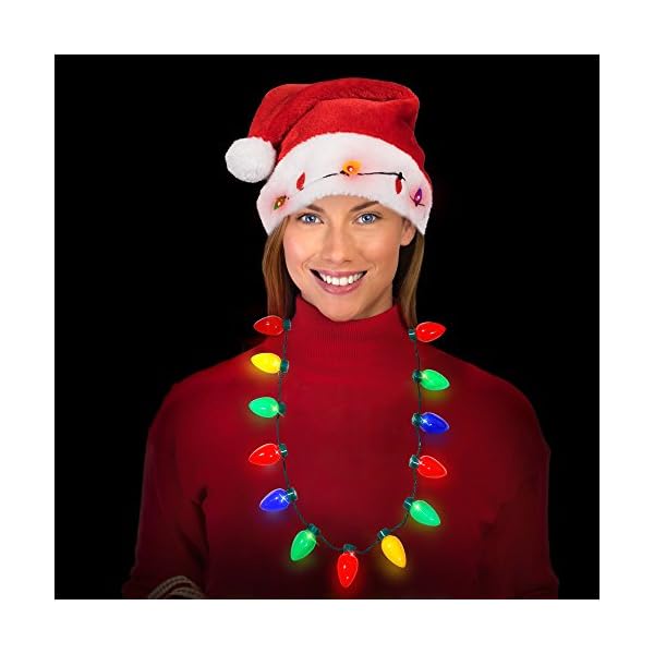 Blinking Light-up Plush Red Santa Hat + LED Christmas Bulb Necklace Kit for Ugly Sweater Xmas Holiday Party - Image 4