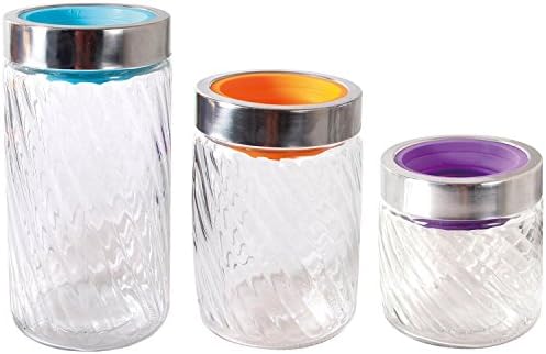 6 Pc Glass Canister Jars - Cookie Jars Swirl Design Set w/ Colored Lids