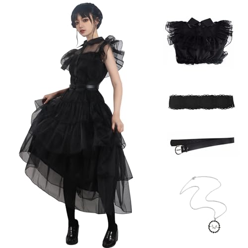 Women Vintage Goth Black Dress Costume Gothic Cosplay Dance Tulle Lace Skirt Halloween Party Outfit with Necklace (3XL-Black) at Amazon