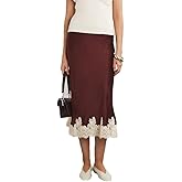 Women Silk Satin Half Slip Long Skirts Lace Patchwork Elastic Waist Long Skirt Elegant Silky Flowy A Line Midi Skirts