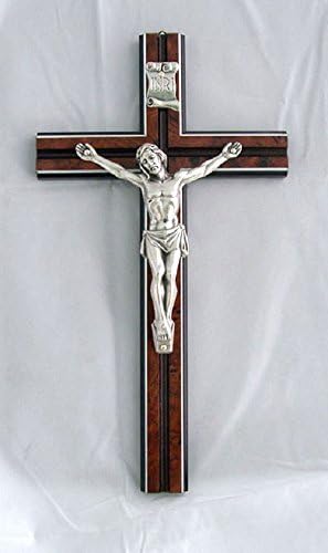 Silver Crucifix on a wood cross, 10 inches . Made in Italy.