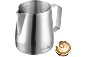 Meelio Milk Frothing Pitcher Stainless Steel Coffee Milk Frother Cup 12oz Milk Frothing Jug 350ml with Measurement Scal，Silve