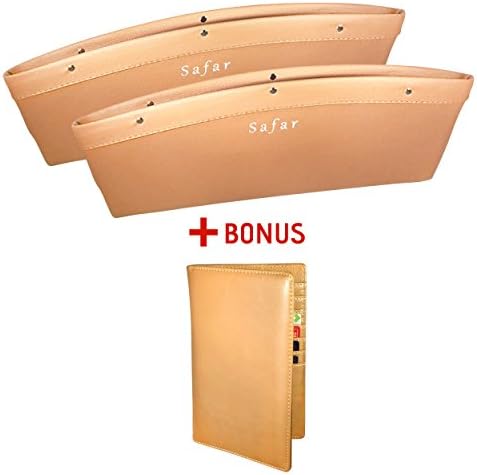 Safar Car Pocket Organizer Seat Side Caddy Catcher Gap Filler - Set of 2 and One Bonus Car Documents Passport Holder (Brown)
