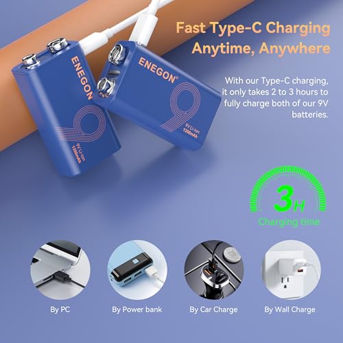 ENEGON 9V Rechargeable Battery 5000mWh (1350mAh) with Type-C Charging, Fully Charged in 3 Hours, LED Indicator, High-Capacity Li-Ion Battery
