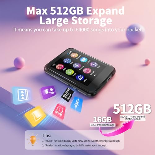 QNGEE 64GB MP3 Player with Bluetooth 5.3, 2.4" Touch Screen, FM Radio, Voice Recording, Hi-Fi Sound, E-Book Function, Memory Expansion up to 512GB + Grey Case