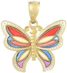 14k Yellow Gold Novelty Charm Pendant, Small Butterfly With Stained Glass Beaded Wing