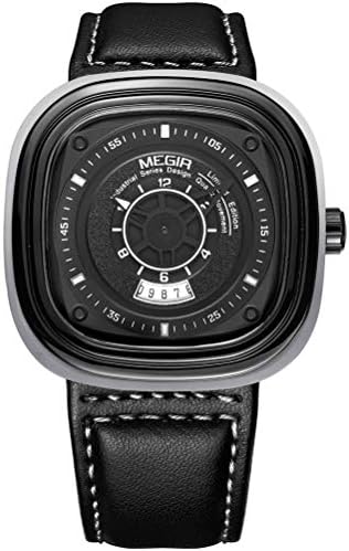 Megir Mens Watches Ø42MM Oval Dial Classic Black Leather Strap Quartz Waterproof Sports Military Shock Resistant Casual Auto Calendar Watches for Men