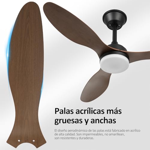Ventilador de Techo con Luz de 107cm, 42 Inch Ceiling Fan, Color madera negro, Control de aplicaciones móviles con Control Remoto, 6 Velocidades, Luz LED de 3 Colores, 3 Cuchillas, Motor CC Reversible