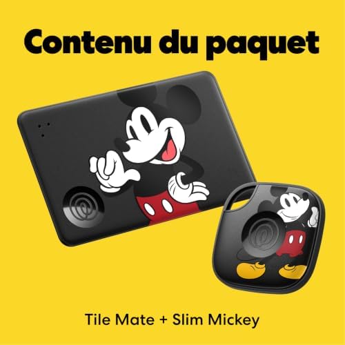 x Disney Tile - Starter Pack - Trackers et dispositifs de Suivi d'objets Bluetooth pour clés, Portefeuilles & Autres. Compatible avec iOS & Android. Lot de 2 (Noir Tile/Slim) - Mickey