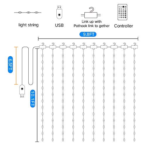 KJOY 16 Color Changing Rainbow Curtain Lights Backdrop Window String Lights, 310LED USB Remote Control Fairy Icicle Lights for Valentine\'s Day, Bedroom, Weddings, Party, Christmas Decor, Birthday
