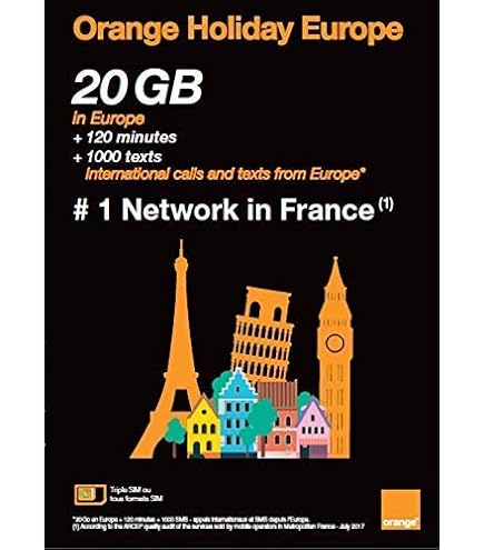 Carta SIM Prepagata Orange Holiday Europe – 30 GB Internet 5G/4G, 120 Minuti Chiamate Internazionali, 1000 SMS, Valida 30 Giorni