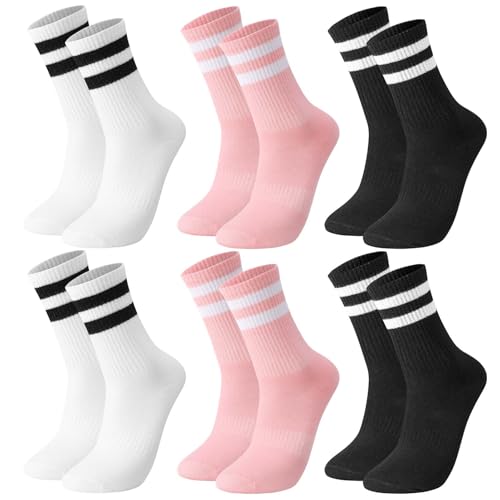 Lot de 6 paires de chaussettes de tennis pour femme 35-38 - Chaussettes de tennis rétro - Chaussettes de sport colorées avec motif à rayures - Chaussettes pour femme et fille - Tennis Sport