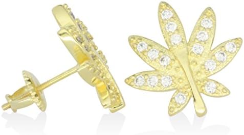 Icy 15mm Weed Leaf Studs 14k or Silver Tone Cz Bling Screw Back Hip Hop Earrings (Gold)