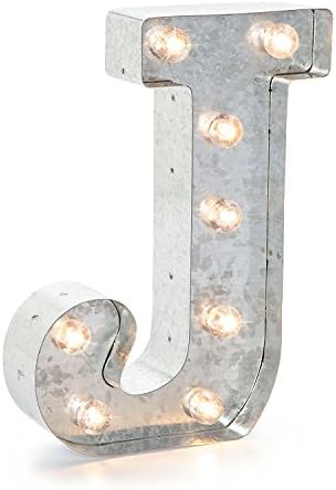 Apothecary &amp; Company Vintage Lighting Home Metal Lighted 13.5" LED Light-Up Letter Marquee Sign Wall Decor with Built in Timer ("J", SILVER)