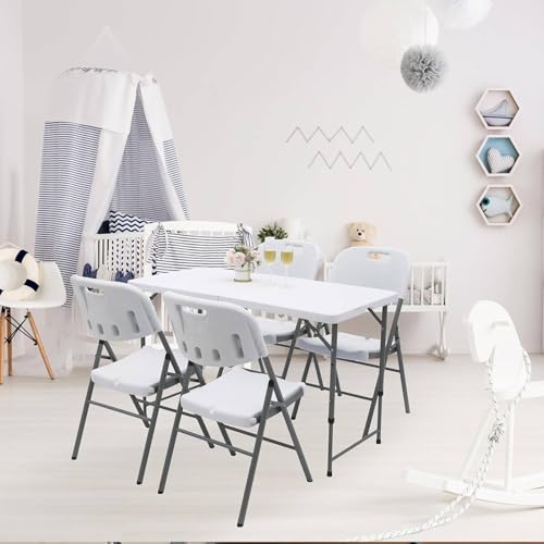 MOMENT Foldable Lightweight Trestle Outdoor Camping Tables, Heavy Duty Plastic Outdoor Folding Picnic Table, Folding Trestle Table For BBQ Party, Folds in Half with Carry Handle, White