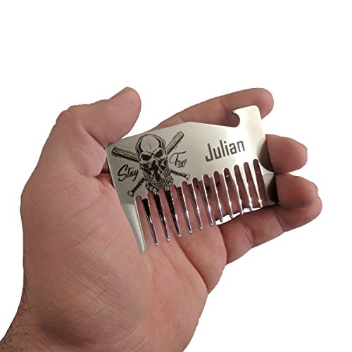 Personalized Beard Wallet Comb No.1 - Super Thick Stainless. No bending on the go. Stainless Steel Anti-Static &amp; No Snag with Large Tooth For Beards - Bisson Combs