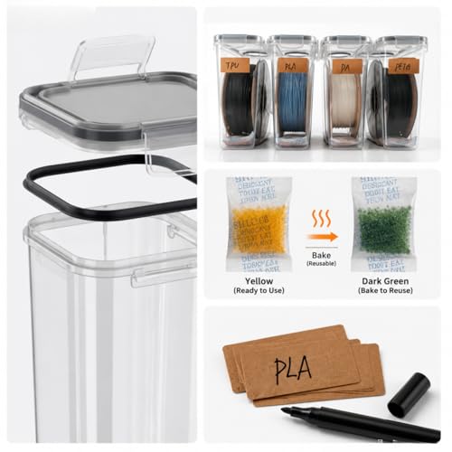 Filament Storage Box 4 Pack PLA Storage, Filament Vacuum PLA Airtight Boxes 3D Printer Storage Filament Dryer Box PLA Box 3D Filament Dryer for Sealing+8 Desiccants+Label+1 Marker Pen, 4.0L