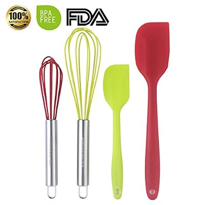 SET OF 4 Professional Quality Silicone Whisks , Spatulas For Cooking .Bright Red and Green Colors. Stainless Steel Coated, Heat Resistant, Dishwasher Safe