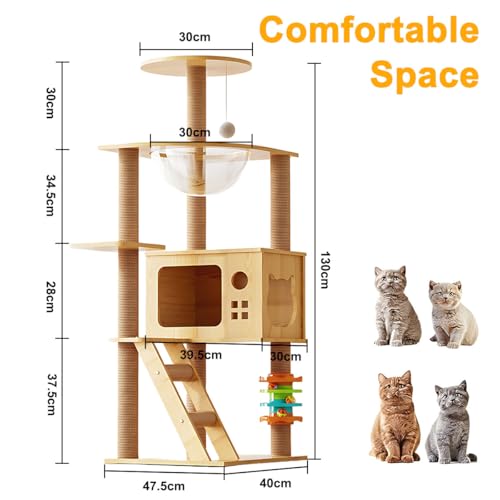 Gluckluz Cat Tree House Tower Sisal Rope Scratching Post Pet Climber Scratcher Condo with Interactive Toy for Adult Cat Kitten Indoor Play Sleeping Activity (Beige)