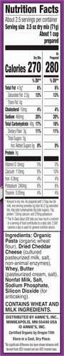 ANNIE’S SHELLS AND WHITE CHEDDAR, MADE WITH ORGANIC PASTA AND REAL CHEESE, 6 OZ