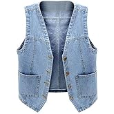 Ladyful Women's Sleeveless Denim Vest V Neck Button Down Jean Waistcoat Jacket