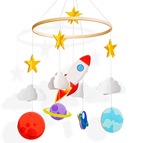 Basumee Baby Crib Mobile,Planet Crib Mobile Hanger Handmade Mobile Nursery Decor Movable Star Rocket Baby Mobile Felt Hanging Accessory for Baby Room