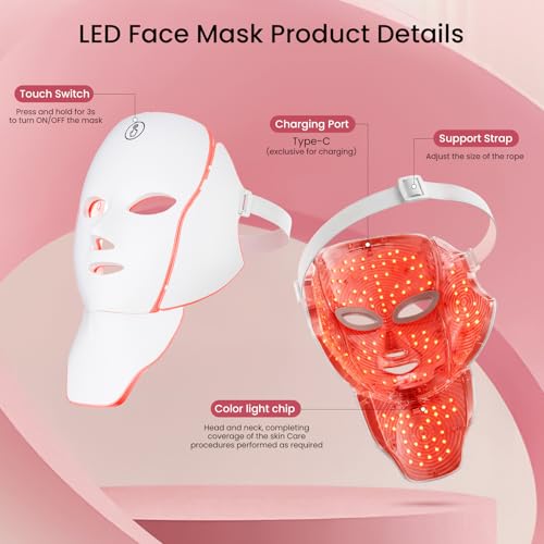 LED Face Neck Mask Light Therapy for Skin Care Anti Aging Wrinkles Acne Treatment,Red Blue Infrared 7 Colors Facial Rejuvenation Device 630nm Near Infrared,Home Use Beauty Device White