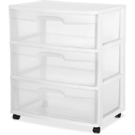Sterilite 29308001 Wide 3 Drawer Cart White Frame With Clear