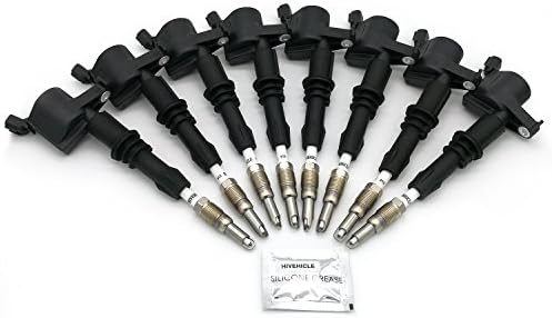 HiVehicle SP515 HT15 Spark Plug And 8 Straight Boot Ignition Coils DG511 for Ford F150 F350 5.4L Explorer 4.6L Mustang 4.6L V8 （Pack of 8+Silicone Grease）
