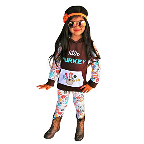 Sale ! Thanksgiving Outfits, Baby Girl Print Hooded T-Shirt Tops Pants Clothes Set (18-24Months, Coffee)