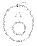 Girls' Children's Simulated Pearl Necklace with Stretch Bracelet and Ball Stud Earrings, White