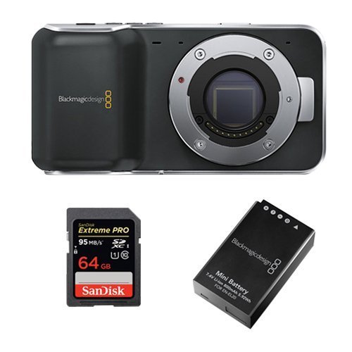 Blackmagic Pocket Cinema Camera with Micro Four Thirds Lens Mount -BUNDLE- with 64GB SDXC Memory Card Extreme Pro and Extra Blackmagic Battery