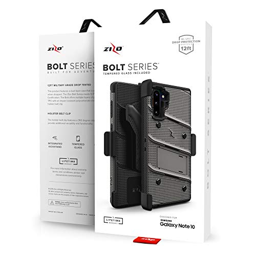 ZIZO Bolt Series Samsung Galaxy Note 10 Case | Heavy-Duty Military-Grade Drop Protection w/Kickstand Included Belt Clip Holster Lanyard (Metal Gray/Black)