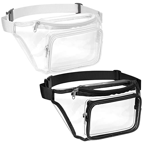 Veckle 2 Pack Clear Fanny Pack Stadium Approved - Adjustable Range 33” - 47“ Belt Bag for Women Men Fits Sports Events, Travel, Beach, Concerts, Transparent Waist Bag, Black + White