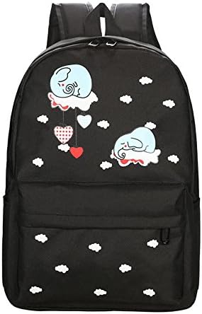 QAMACHAN Girls Canvas Backpack Cartoon Elephant Printed Backpack Cute School Bags Black