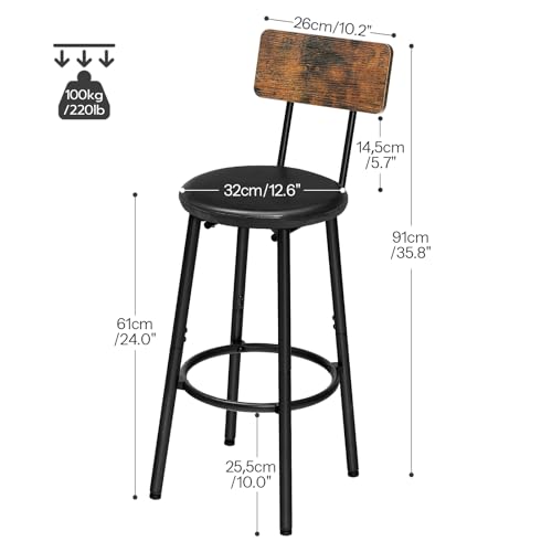 HOOBRO Round Bar Stools, Round High Bar Chairs Set of 2 with Back, Kitchen Counter Height Stools for Kitchen Island, Dining Room, High Stool Chairs with Footrest, Rustic Brown and Black EBF31BY01G2