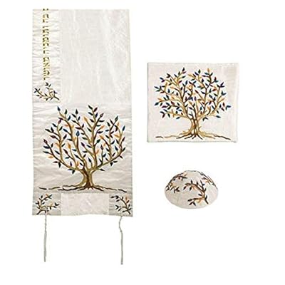 Yair Emanuel Multicolor Tree of Life Design Embroidered Raw Silk White Tallit Set Yair Emanuel Multicolor Tree of Life Design Embroidered Raw Silk White Tallit Set