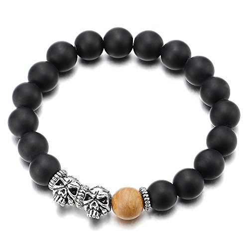 Gothic Style Mens Womens 10MM Matt Black Beads Agate Bracelet with Skull Charm, Stretchable